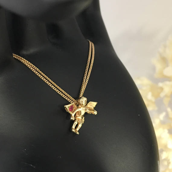 Vintage 10k Gold 3D Winged Ruby Cupid, Guardian Angel Pendant