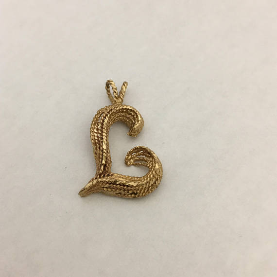 Vintage 3D Letter "L" Pendant in 10k Gold, Twisted Rope Style, Gold Monogram