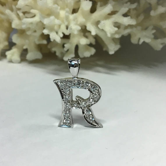 Beautiful Letter "R" Pendant in 14k White Gold and Diamonds