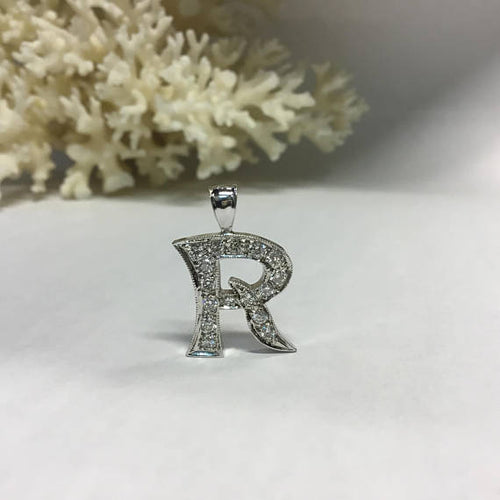 Beautiful Letter "R" Pendant in 14k White Gold and Diamonds