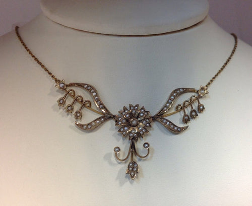 Antique 10k Gold Victorian and Seed Pearl Necklace Art Nouveau