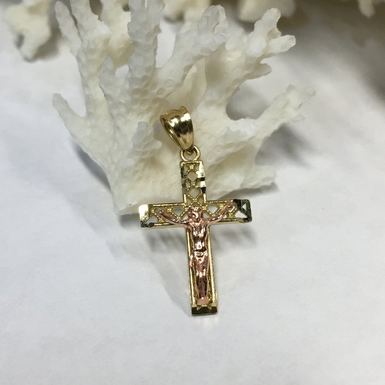 Croix crucifix vintage en or rose bicolore en or jaune et rose 10 carats