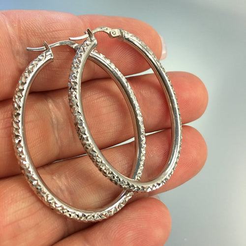 Vintage Textured Oval Hoop Earrings in 10k White Gold