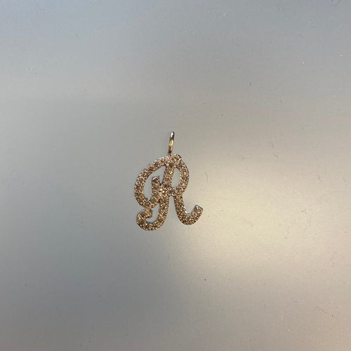Vintage Letter R Diamond Pendant 14K in White Gold