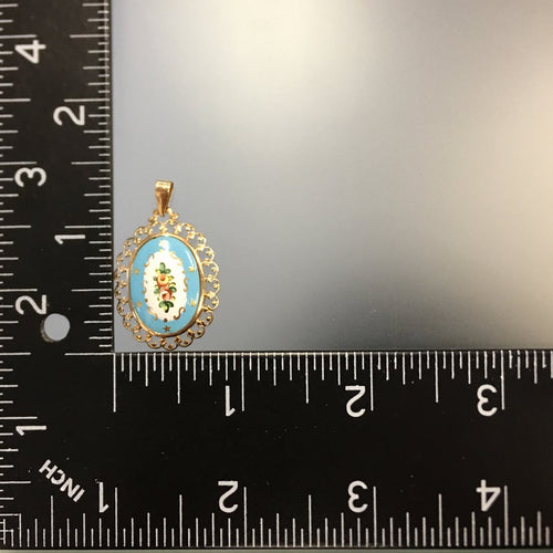 Antique Hand Painted Flower Porcelain Pendant in 18k Gold