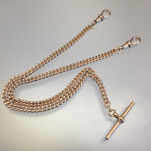 Antique 9ct Rose Gold Victorian Double Albert Watch Chain & T Bar