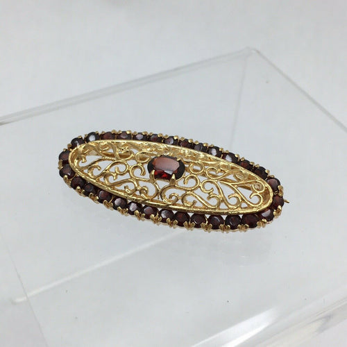 1950's 18k Yellow Gold Oval Garnet Filigree Retro Brooch