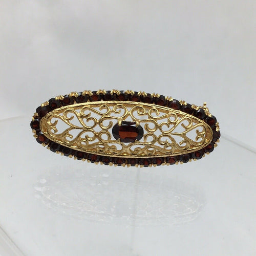 1950's 18k Yellow Gold Oval Garnet Filigree Retro Brooch