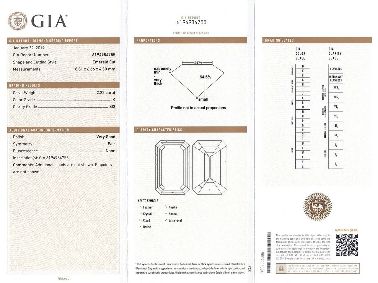 2.22CT Certifié GIA - Couleur K - SI2 - Taille émeraude - Diamant en vrac