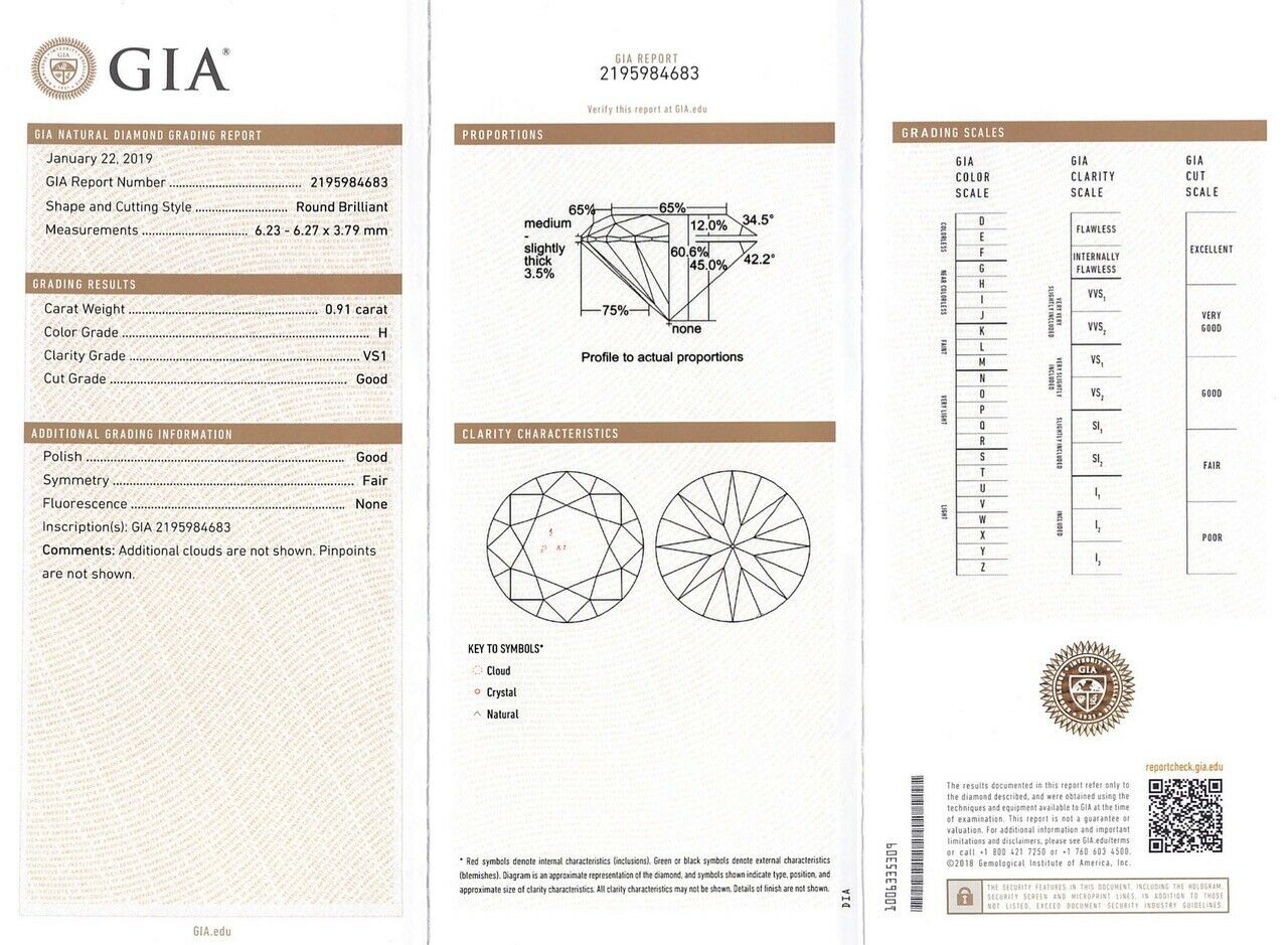 0.91CT GIA Certified - H Color - VS1 - Round Brilliant - Loose Diamond