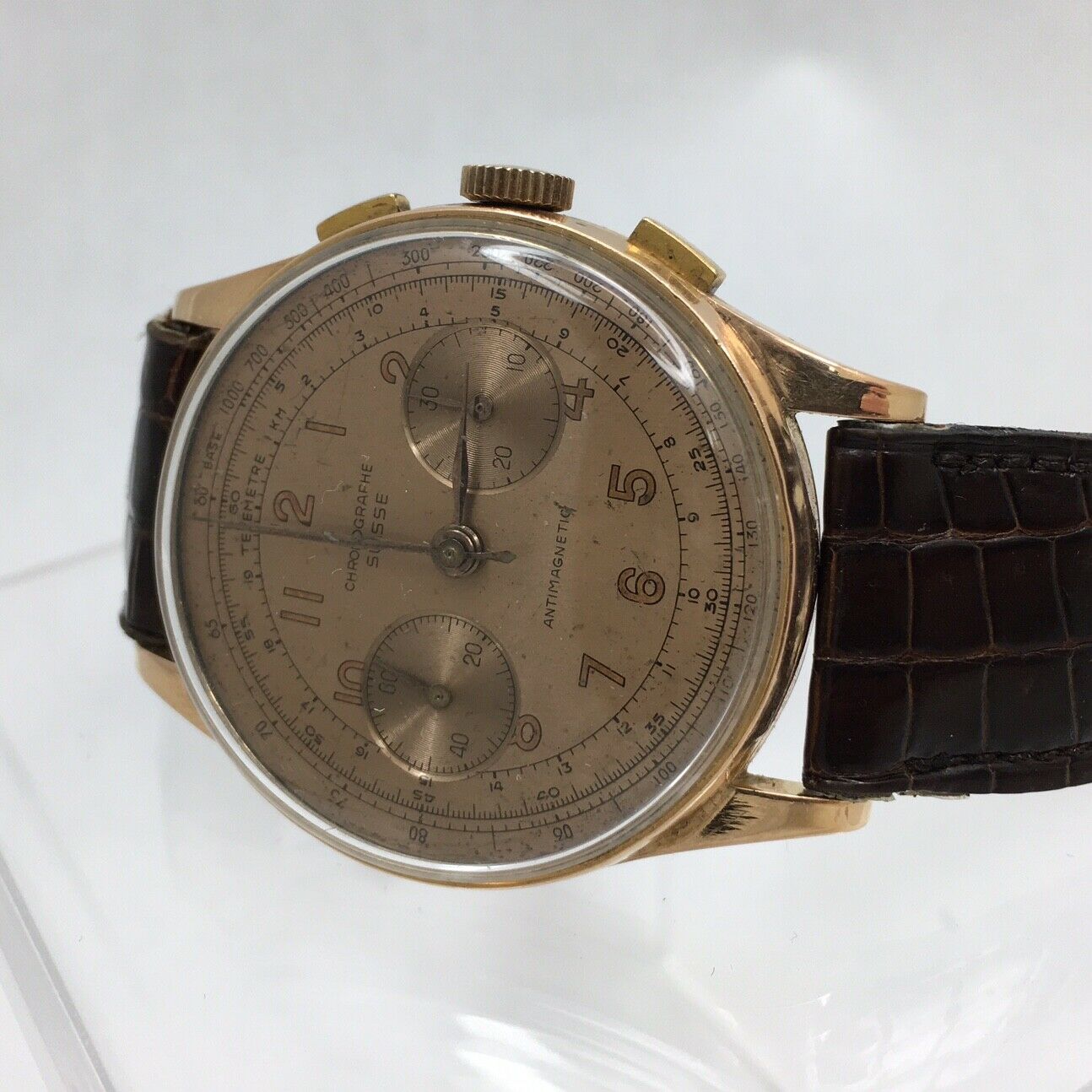 Chronographe Suisse Antimagnetic 18K Solid Rose Gold Watch Vintage